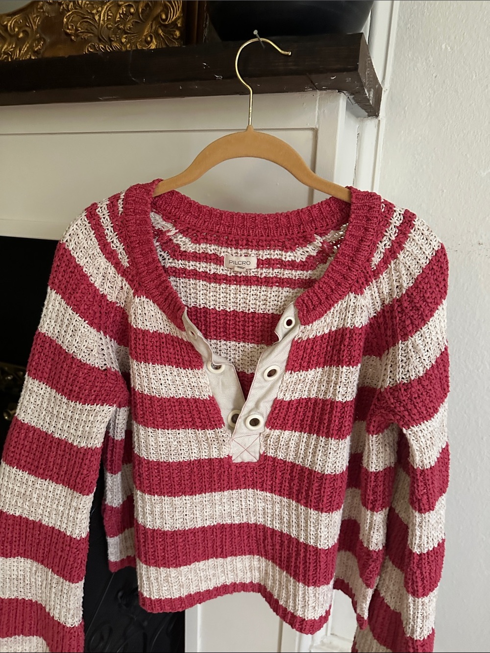Pilcro Anthropologie Raspberry and Cream Striped Henley Sweater